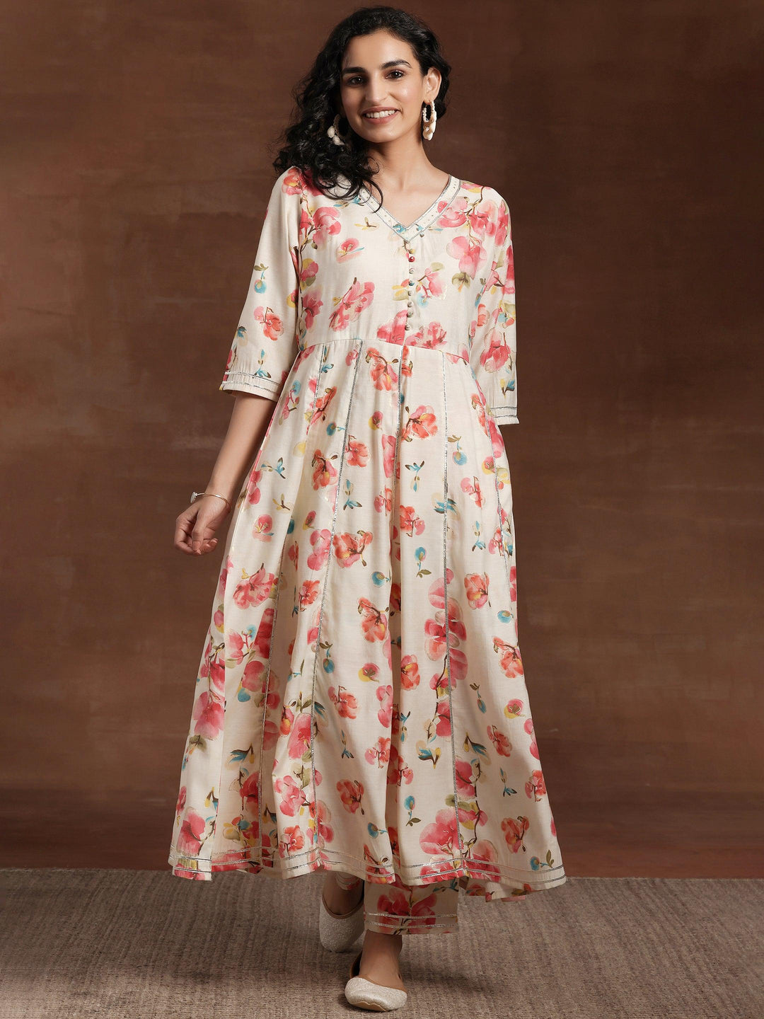 Off White Printed Silk Blend Anarkali Kurta Set - Libas 