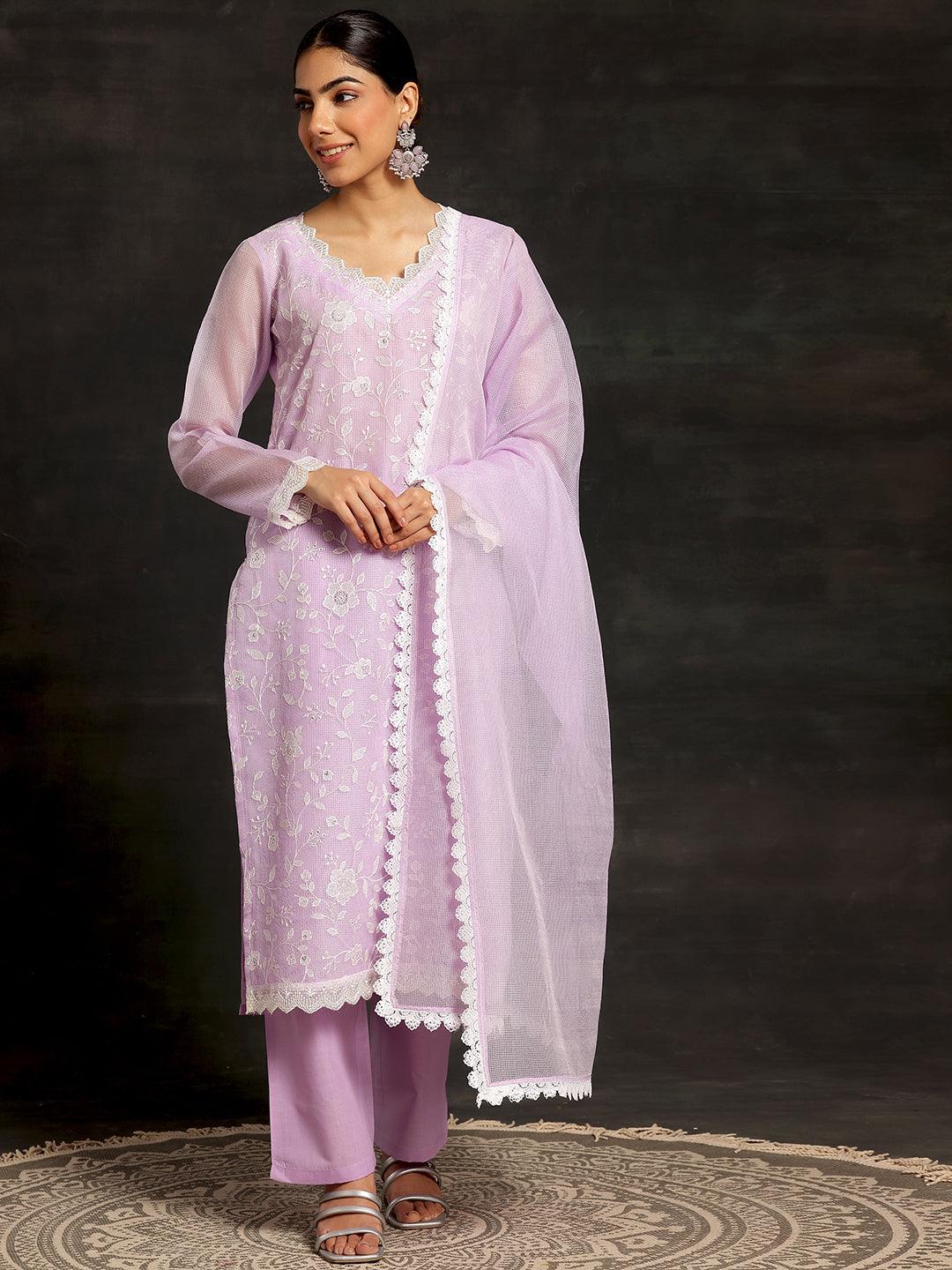 Lavender Embroidered Cotton Straight Suit With Dupatta - Libas 