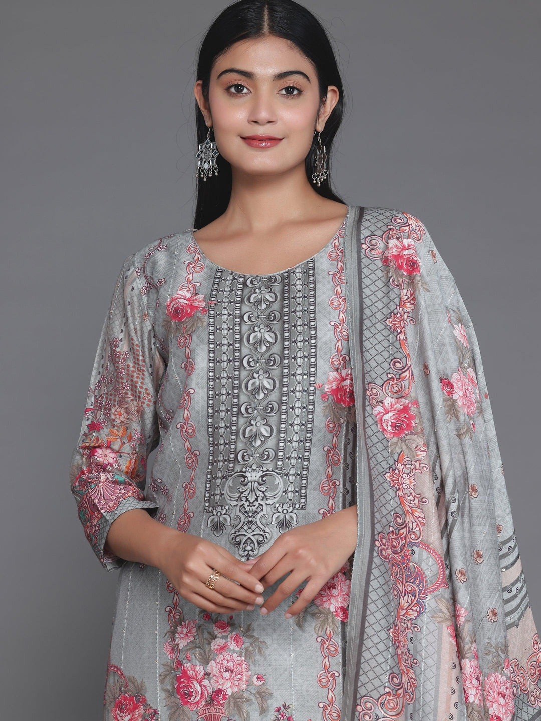 Grey Printed Silk Blend Straight Suit With Dupatta - Libas 