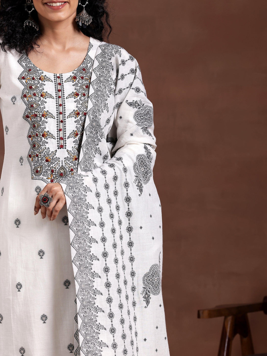 White Woven Design Linen Straight Suit With Dupatta - Libas 