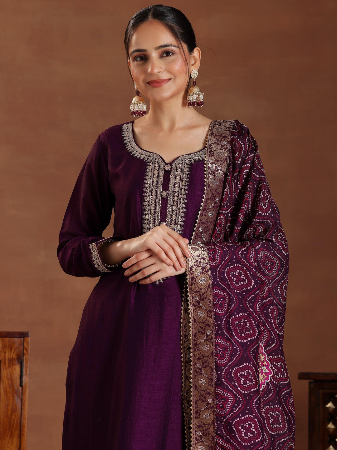 Wine Embroidered Silk Blend Straight Suit With Dupatta - Libas 