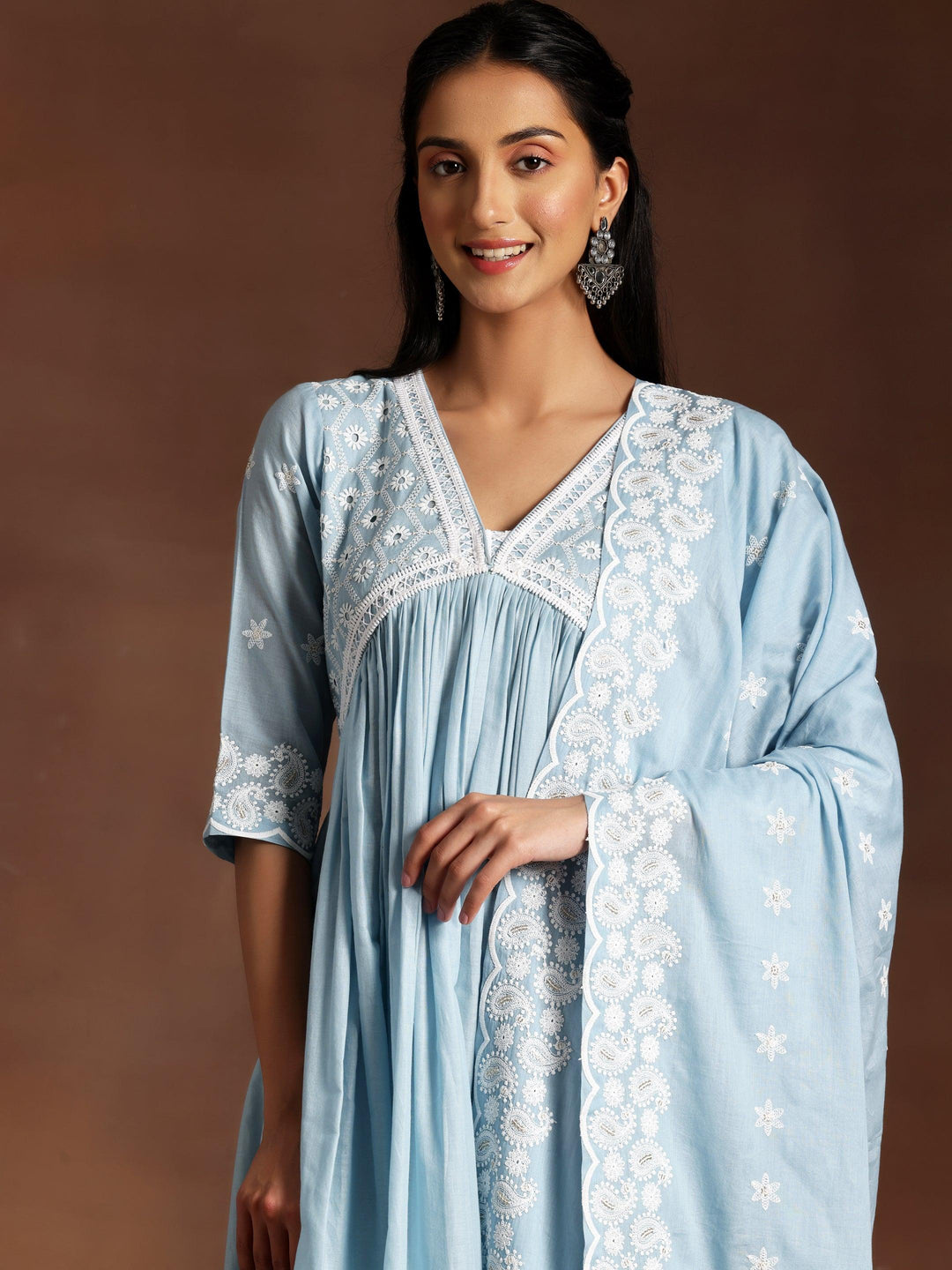 Blue Embroidered Cotton A-Line Kurta With Palazzos & Dupatta - Libas 