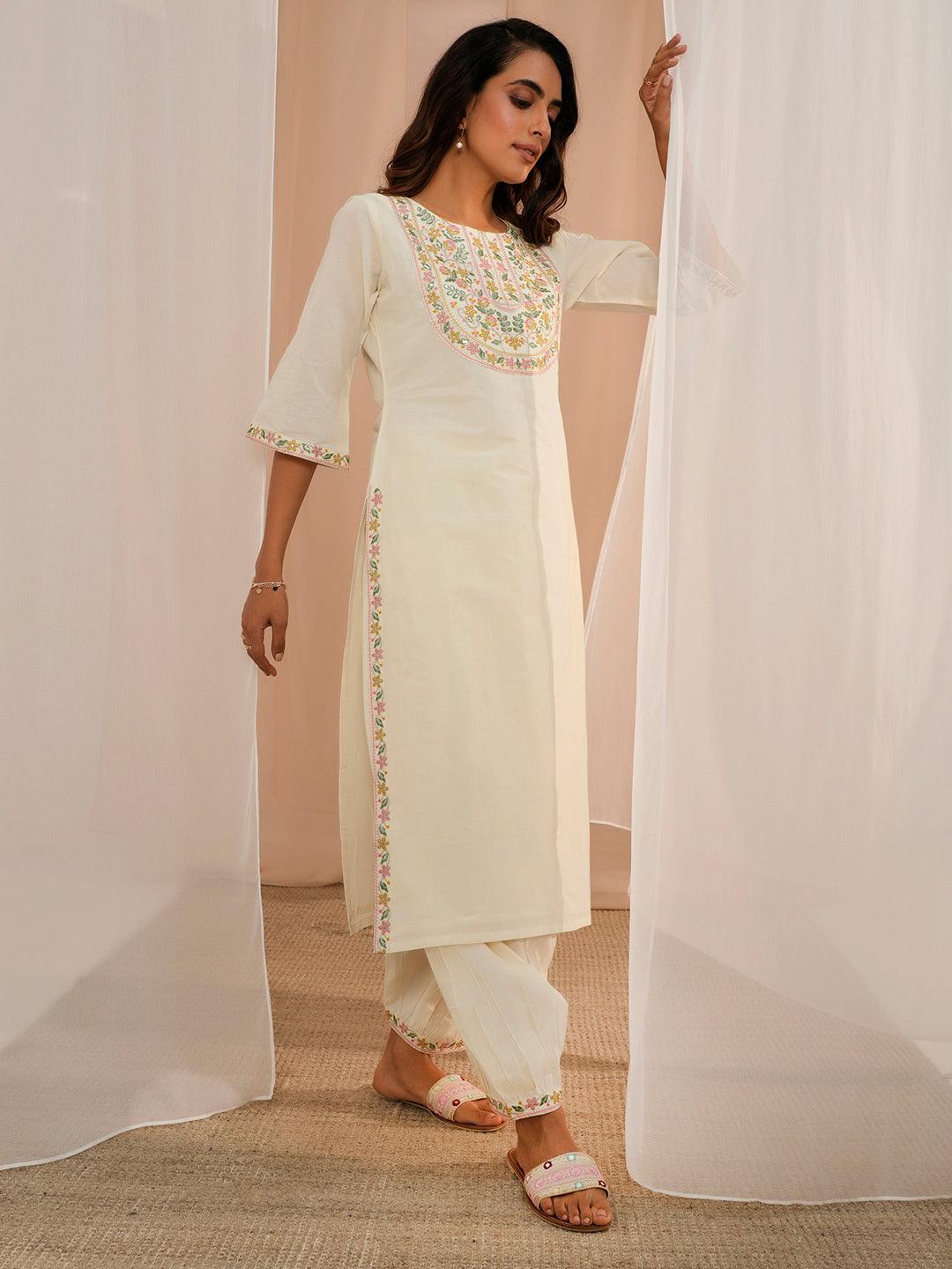 Off White Yoke Design Cotton Straight Suit With Dupatta - Libas 