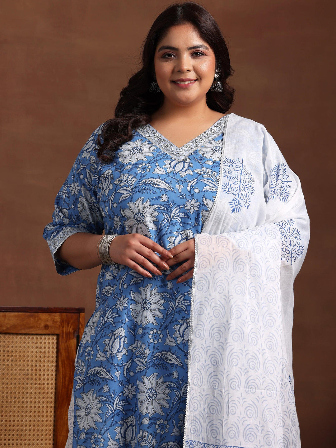 Plus Size Blue Printed Cotton Straight Suit With Dupatta - Libas 