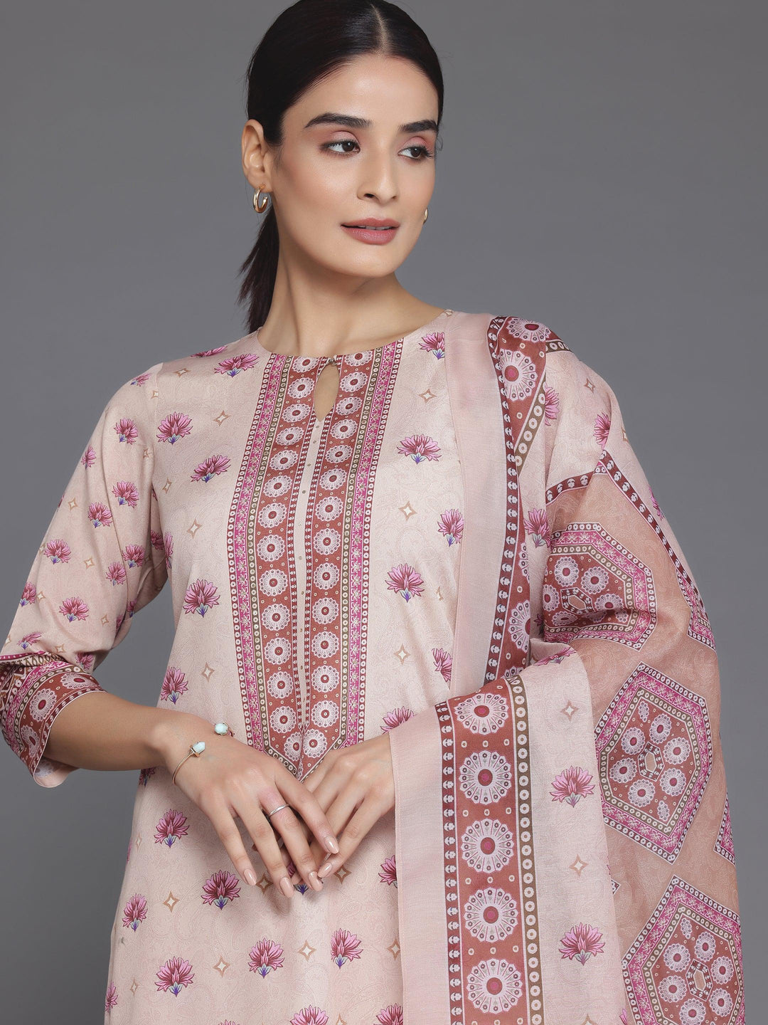 Peach Printed Poly Crepe Straight Suit With Dupatta - Libas 