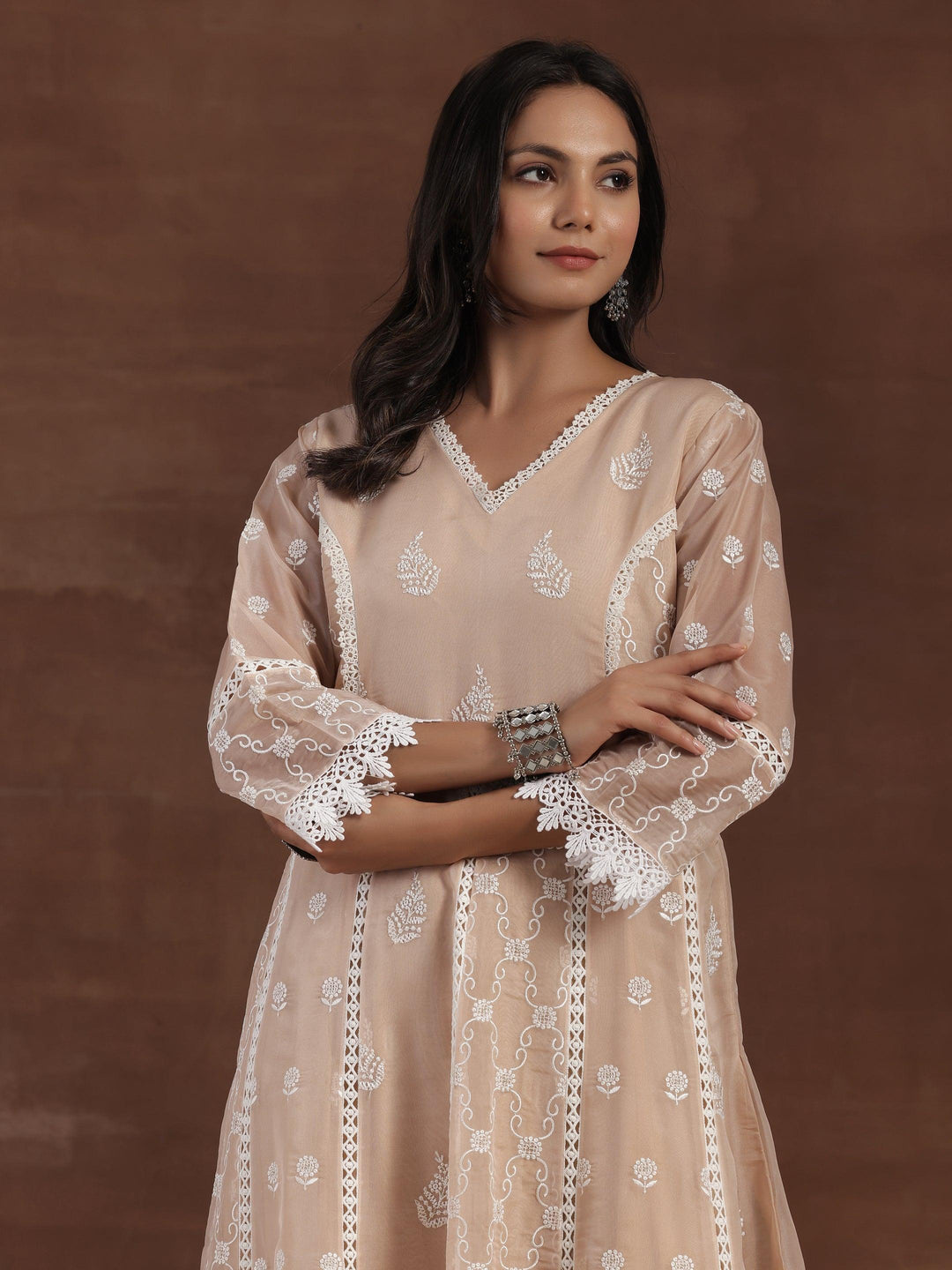 Nude Embroidered Organza A-Line Kurta With Palazzos & Dupatta - Libas