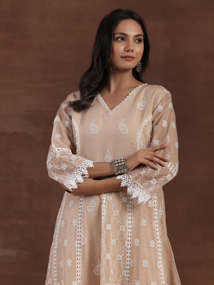 Nude Embroidered Organza A-Line Kurta With Palazzos & Dupatta - Libas