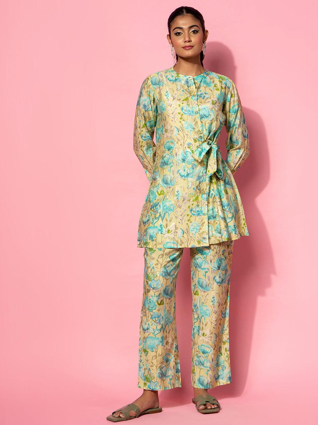 Green Printed Silk Blend Co-Ords - Libas 