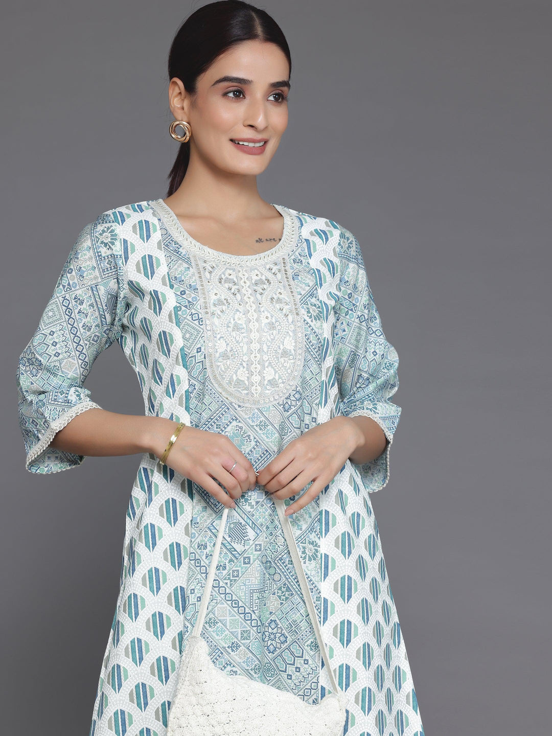 Blue Printed Silk Blend A-Line Kurta With Salwar - Libas 