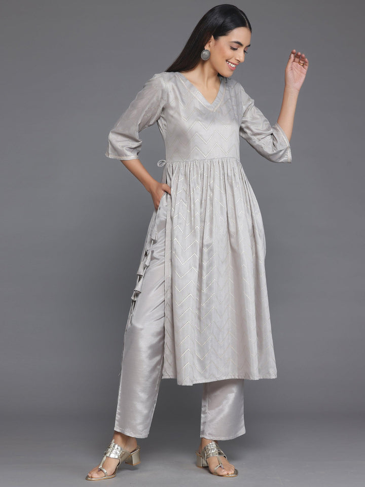 Grey Printed Silk Blend A-Line Kurta With Trousers - Libas