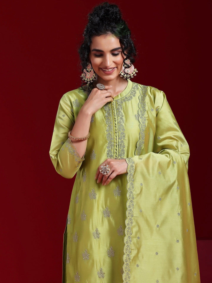 Libas Art Green Embroidered Chanderi Silk Straight Suit With Dupatta - Libas