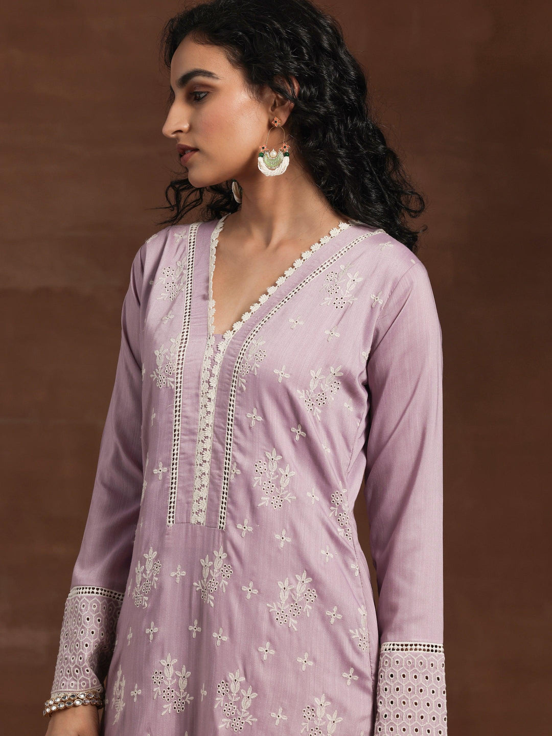 Lilac Embroidered Silk Blend Straight Suit With Dupatta - Libas 