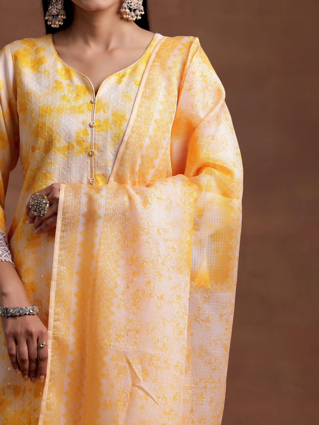 Yellow Embroidered Cotton Blend Straight Suit With Dupatta - Libas 