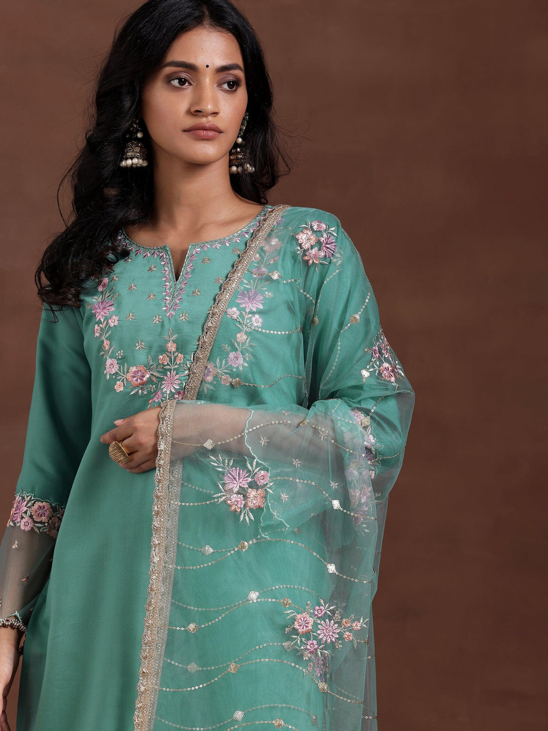 Green Yoke Design Silk Blend Straight Suit With Dupatta - Libas 