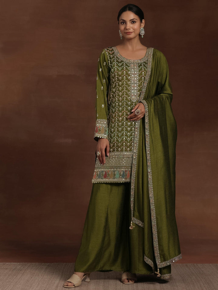 Olive Embroidered Silk Blend Straight Kurta With Palazzos & Dupatta - Libas