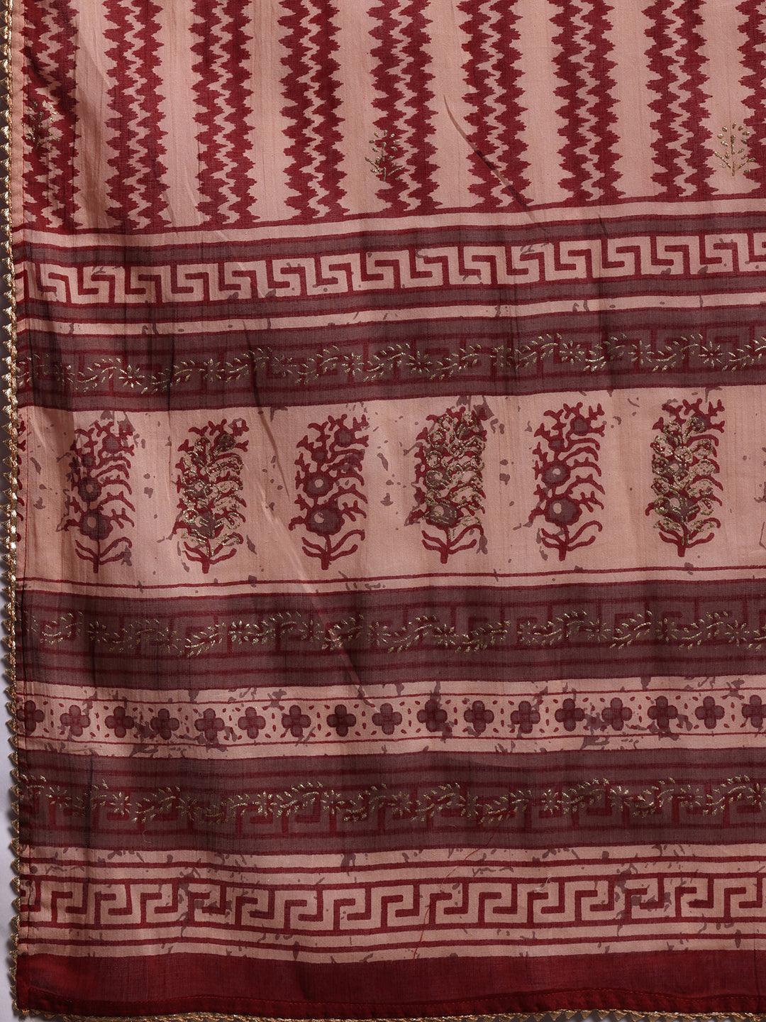 Maroon Printed Cotton Straight Suit With Dupatta - Libas