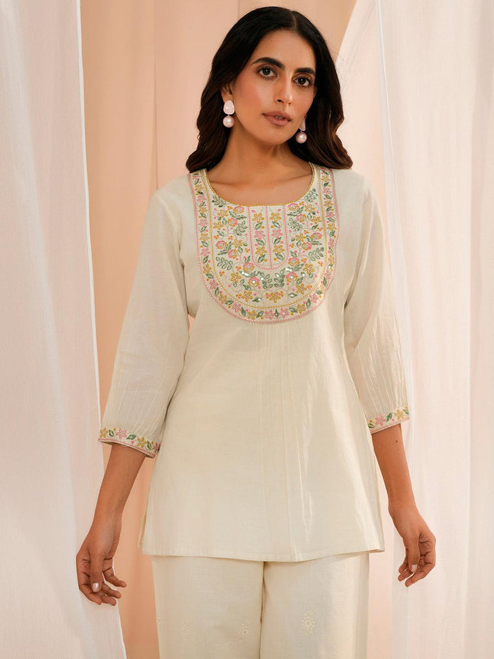 Off White Yoke Design Cotton Straight Kurti - Libas