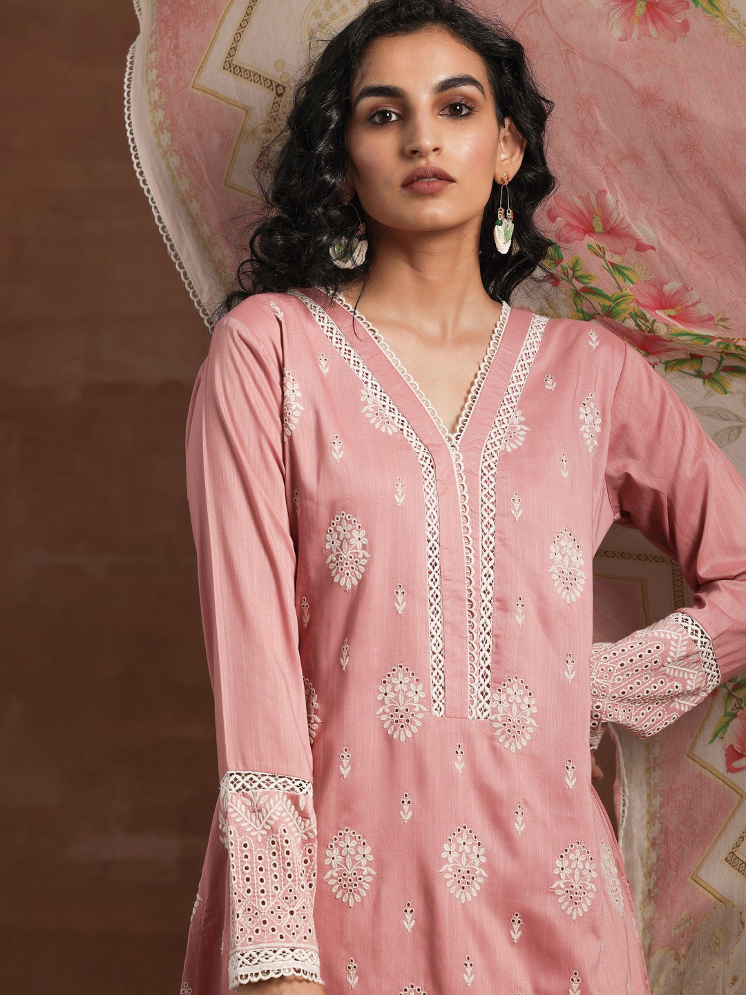 Pink Embroidered Silk Blend Straight Suit With Dupatta - Libas