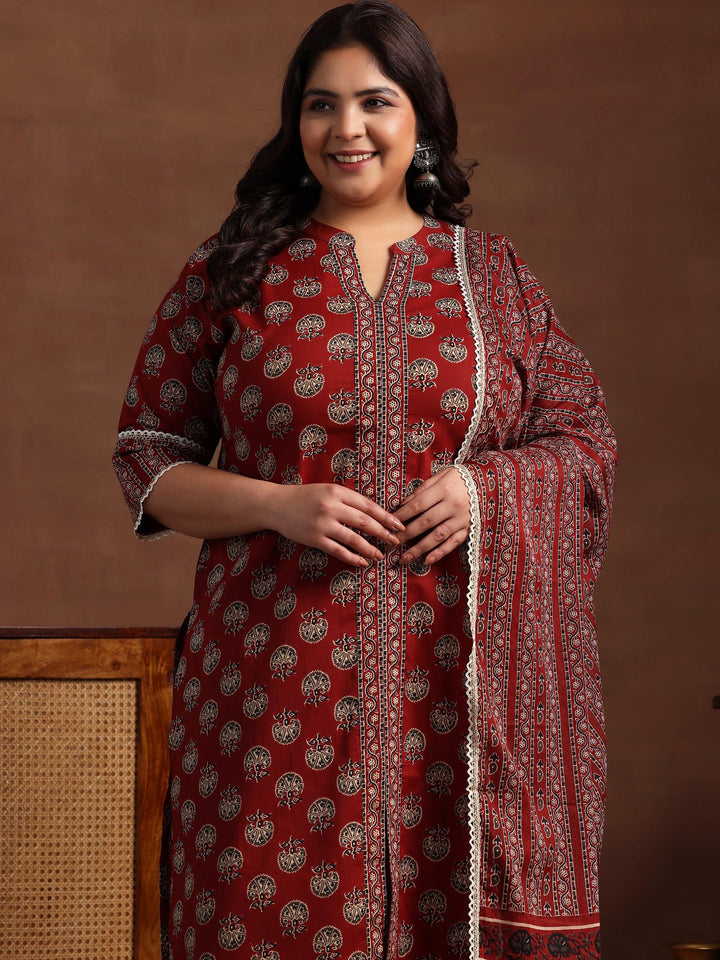 Plus Size Maroon Printed Cotton Straight Suit With Dupatta - Libas