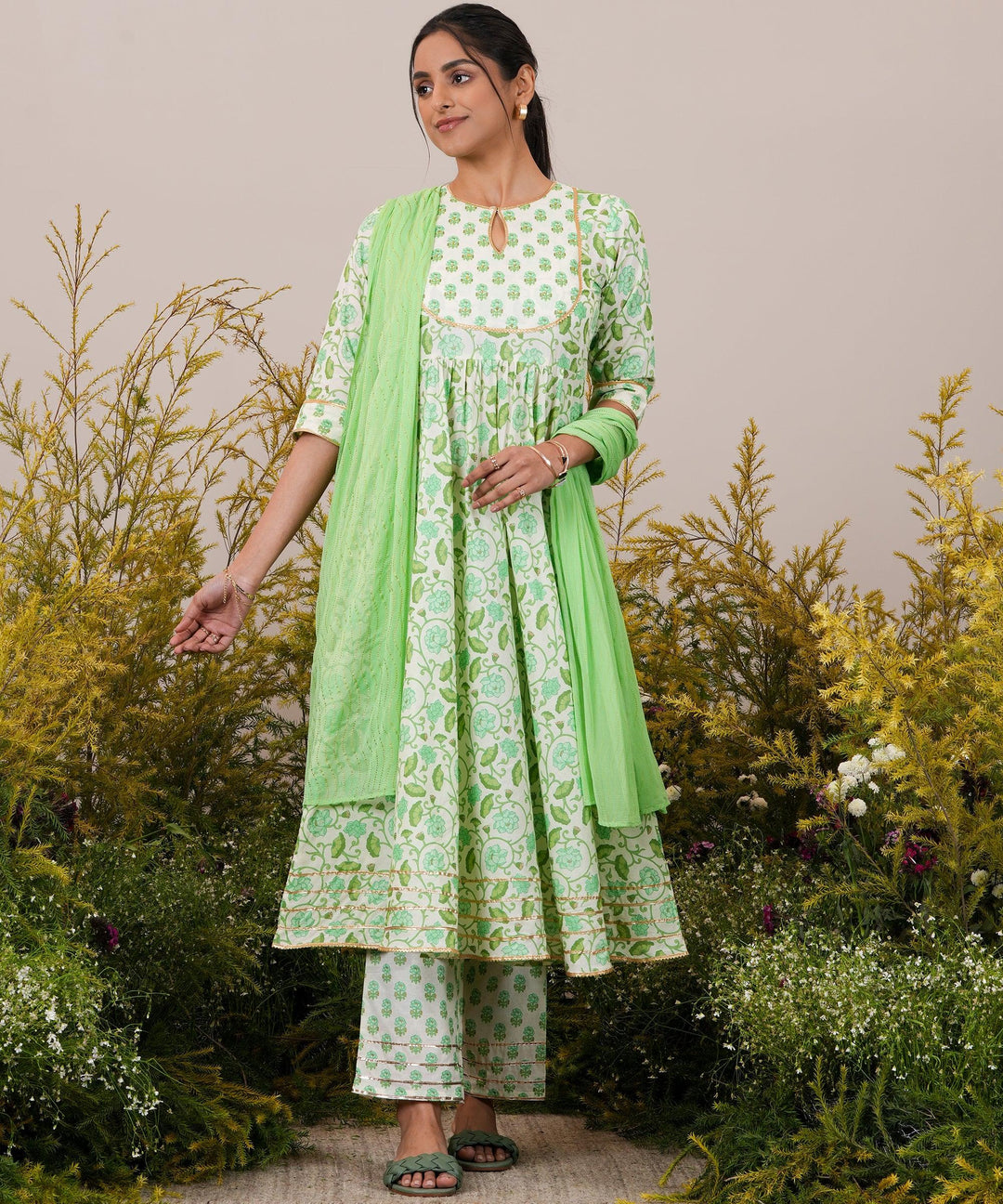 Green Yoke Design Cotton Anarkali Suit With Dupatta - Libas 