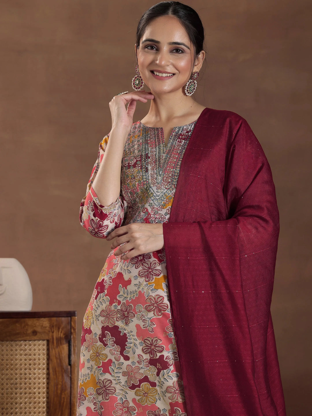  Red Printed Silk Blend Straight Suit With Dupatta 