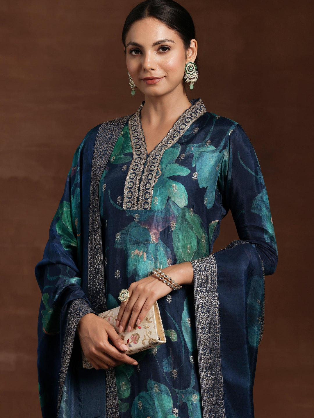 Blue Printed Silk Blend Straight Suit With Dupatta - Libas 