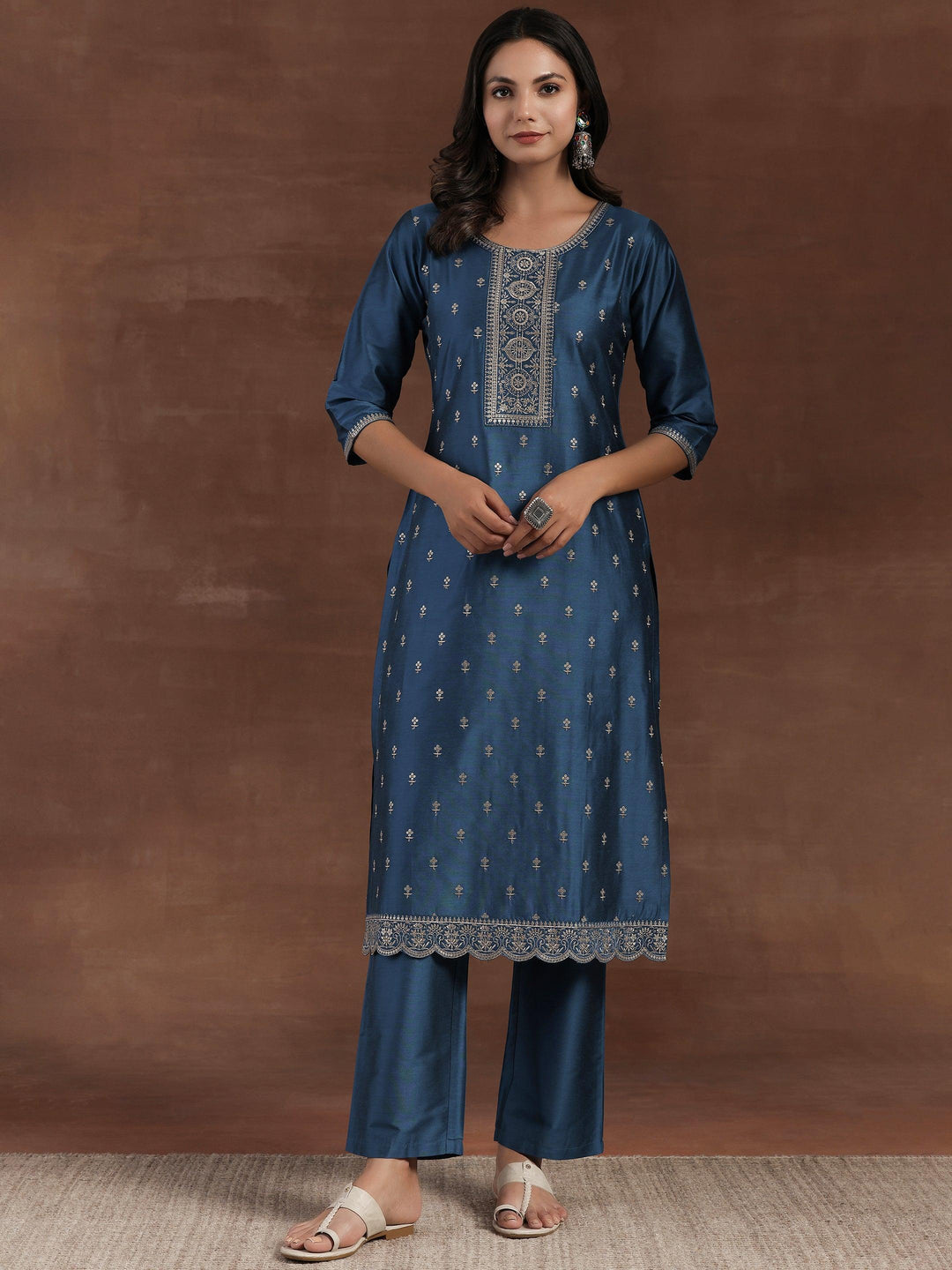 Blue Embroidered Silk Blend Straight Suit With Dupatta - Libas 