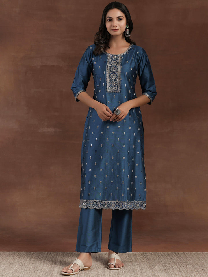 Blue Embroidered Silk Blend Straight Suit With Dupatta - Libas