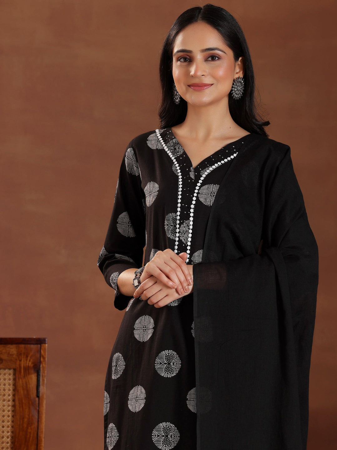 Black Printed Cotton Straight Suit With Dupatta - Libas 