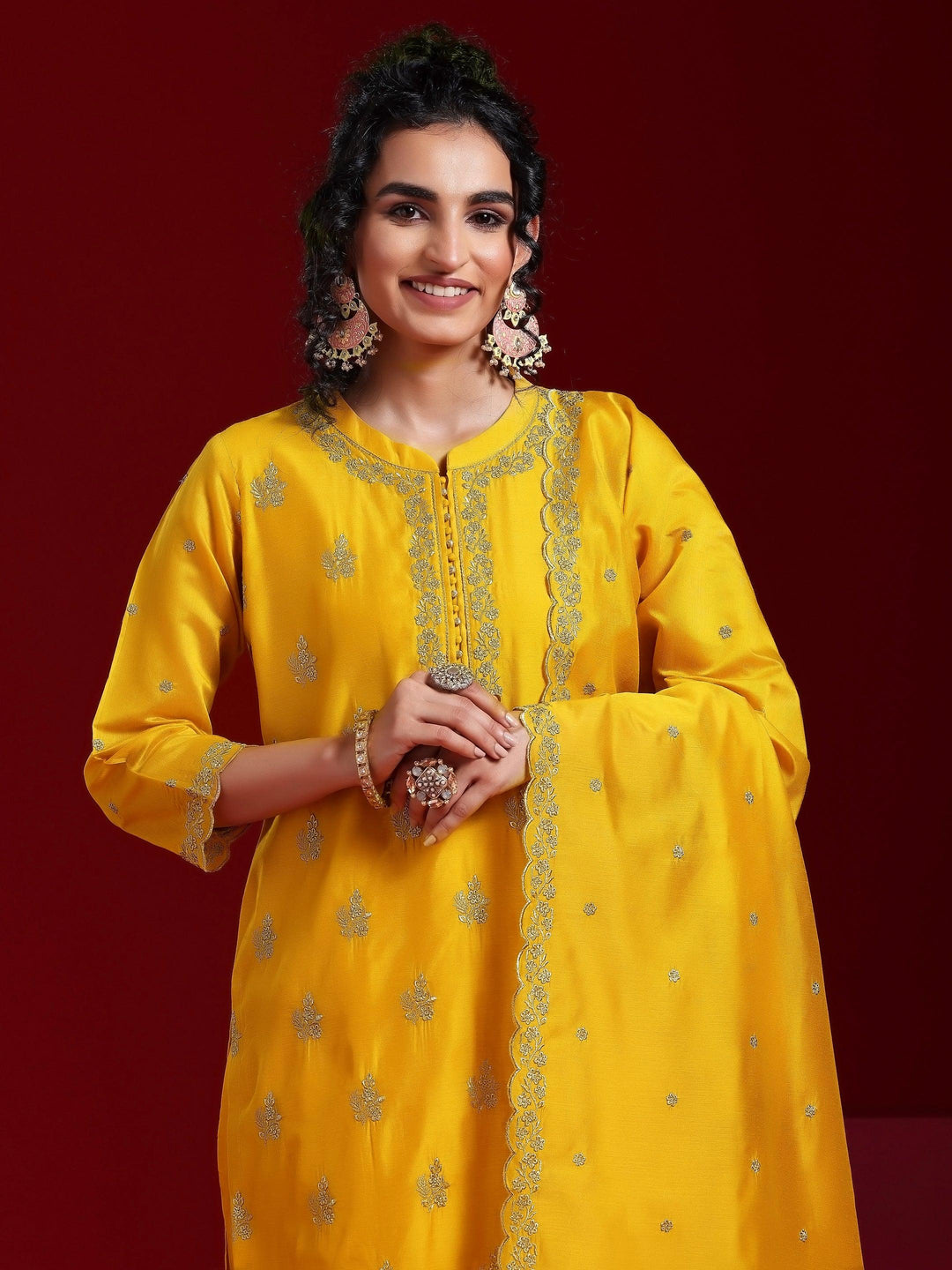 Libas Art Mustard Embroidered Chanderi Silk Straight Suit With Dupatta - Libas 