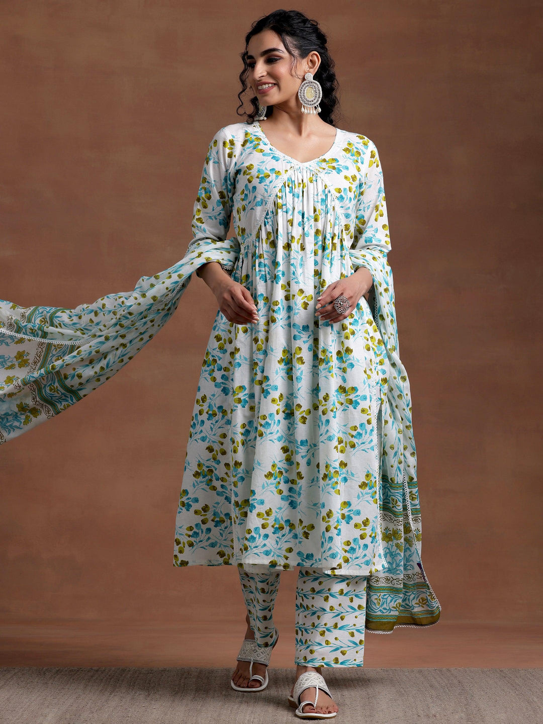 Off White Printed Cotton A-Line Kurta With Palazzos & Dupatta - Libas