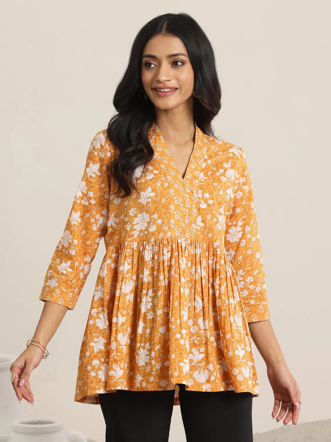  Mustard Printed Cotton Anarkali Short Kurti 