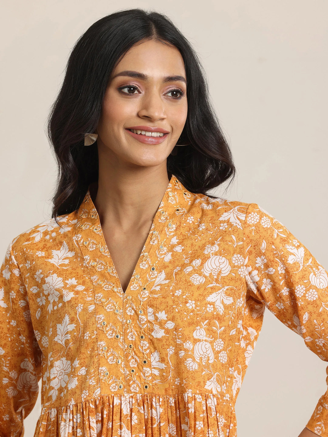  Mustard Printed Cotton Anarkali Short Kurti 