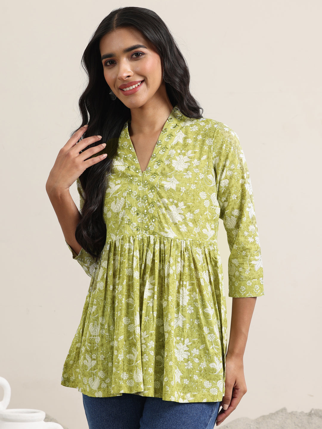 Green Printed Cotton Anarkali Kurti