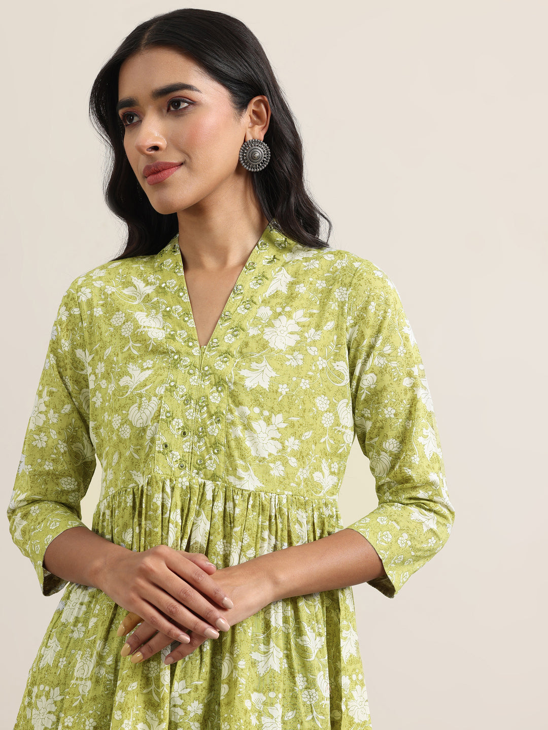  Green Printed Cotton Anarkali Kurti 