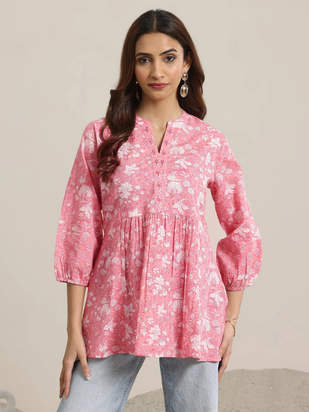  Pink Printed Cotton Anarkali Short Kurti 