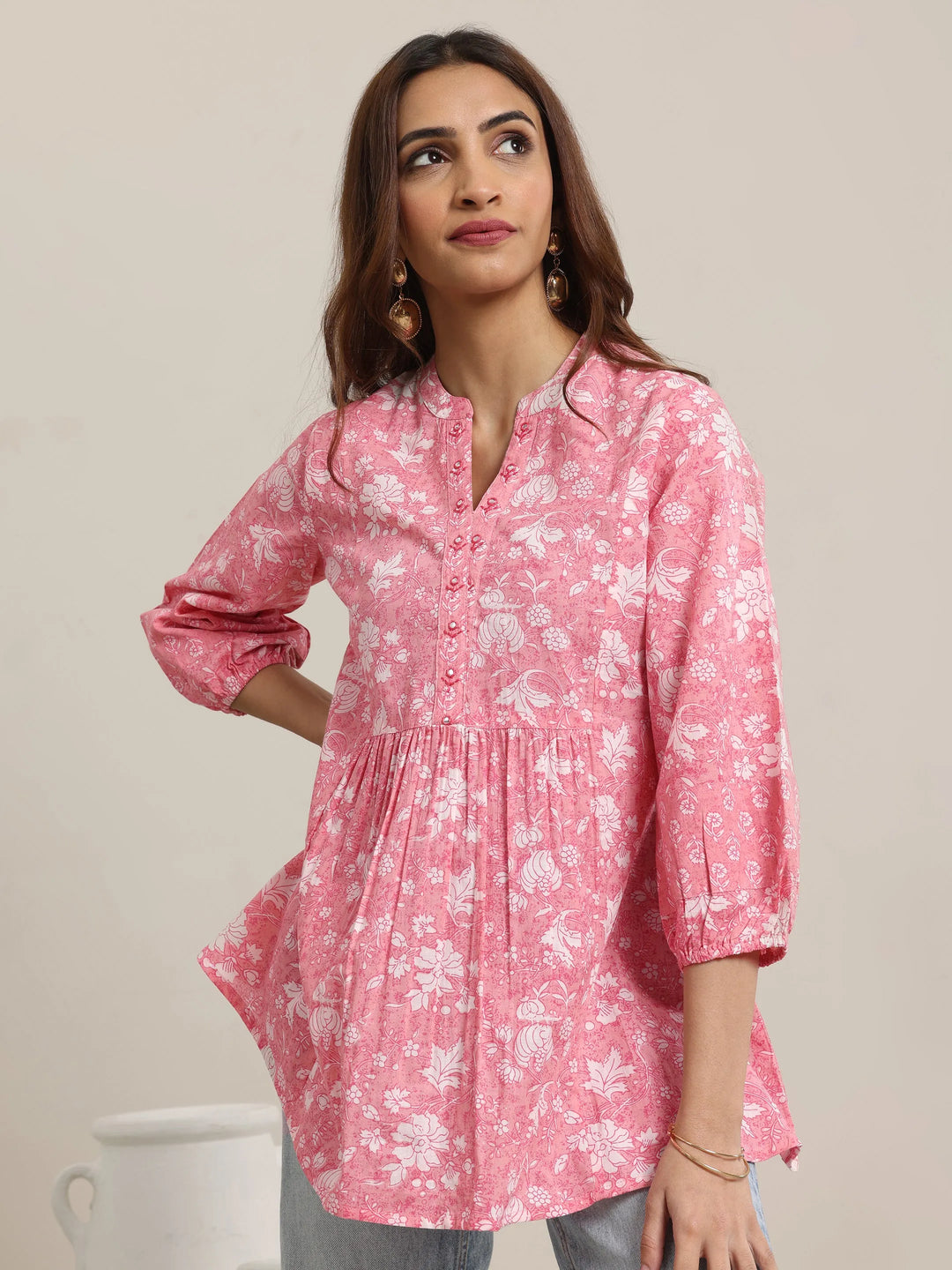 Pink Printed Cotton Anarkali Short Kurti