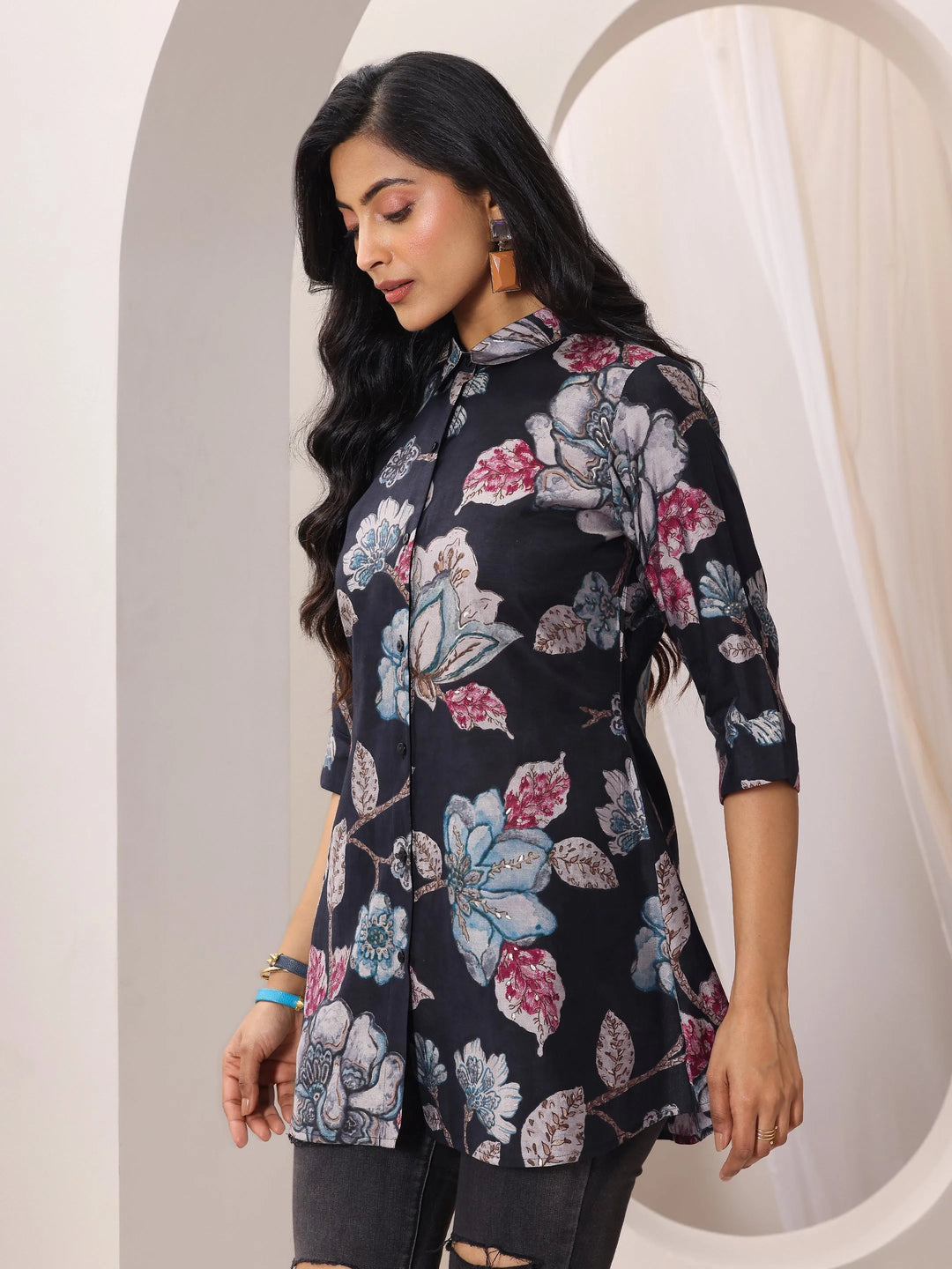  Black Printed Silk Blend Straight Short Kurti 