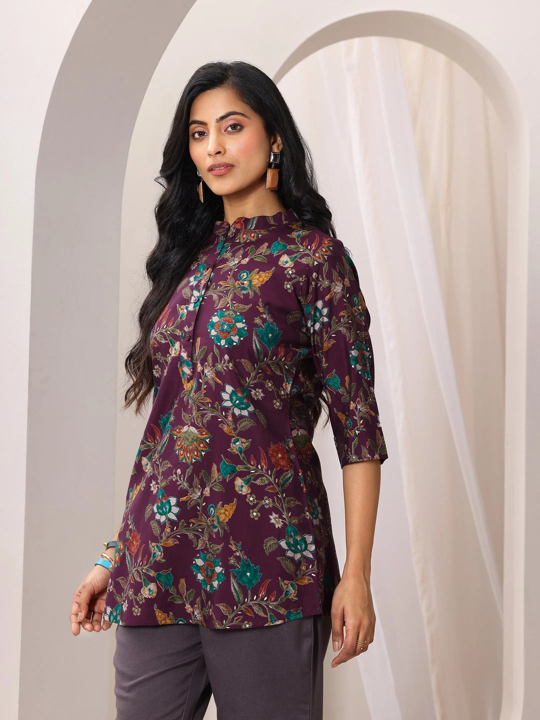  Burgundy Printed Silk Blend Straight Short Kurti 