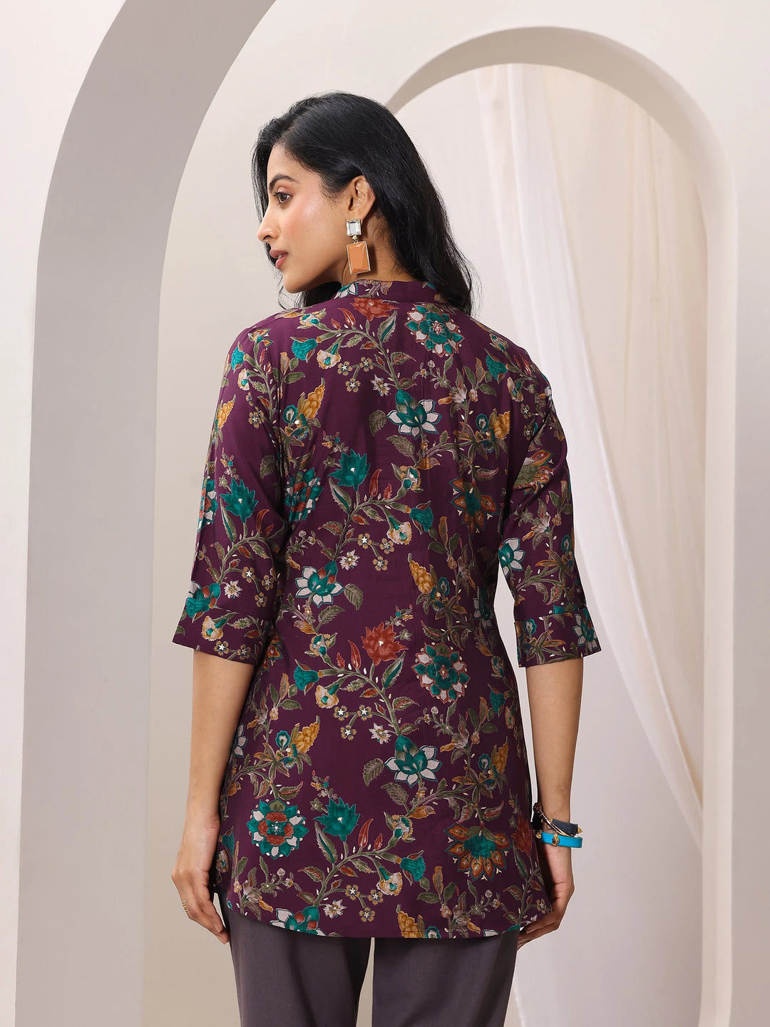  Burgundy Printed Silk Blend Straight Short Kurti 