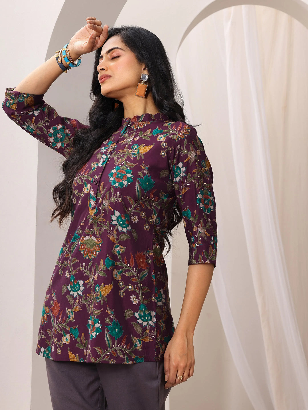 Burgundy Printed Silk Blend Straight Short Kurti