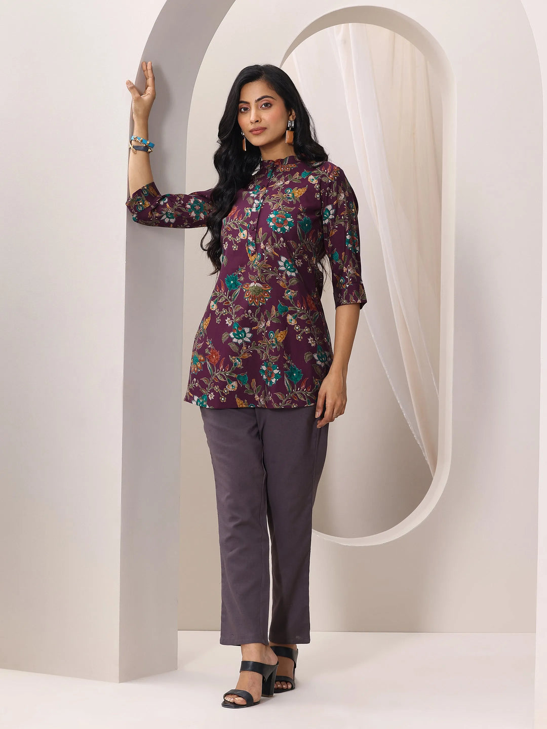  Burgundy Printed Silk Blend Straight Short Kurti 