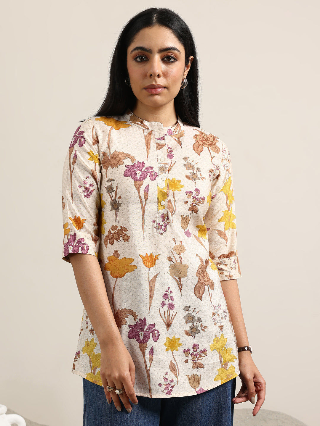  Beige Printed Silk Blend Straight Kurti 