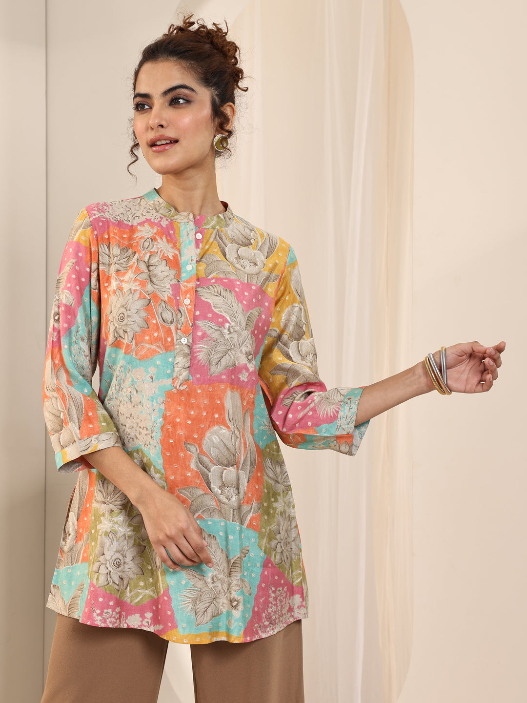  Multi Printed Silk Blend Straight Short Kurti 