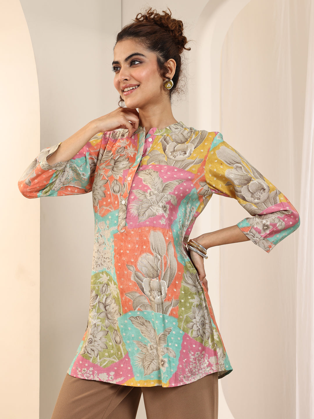  Multi Printed Silk Blend Straight Short Kurti 