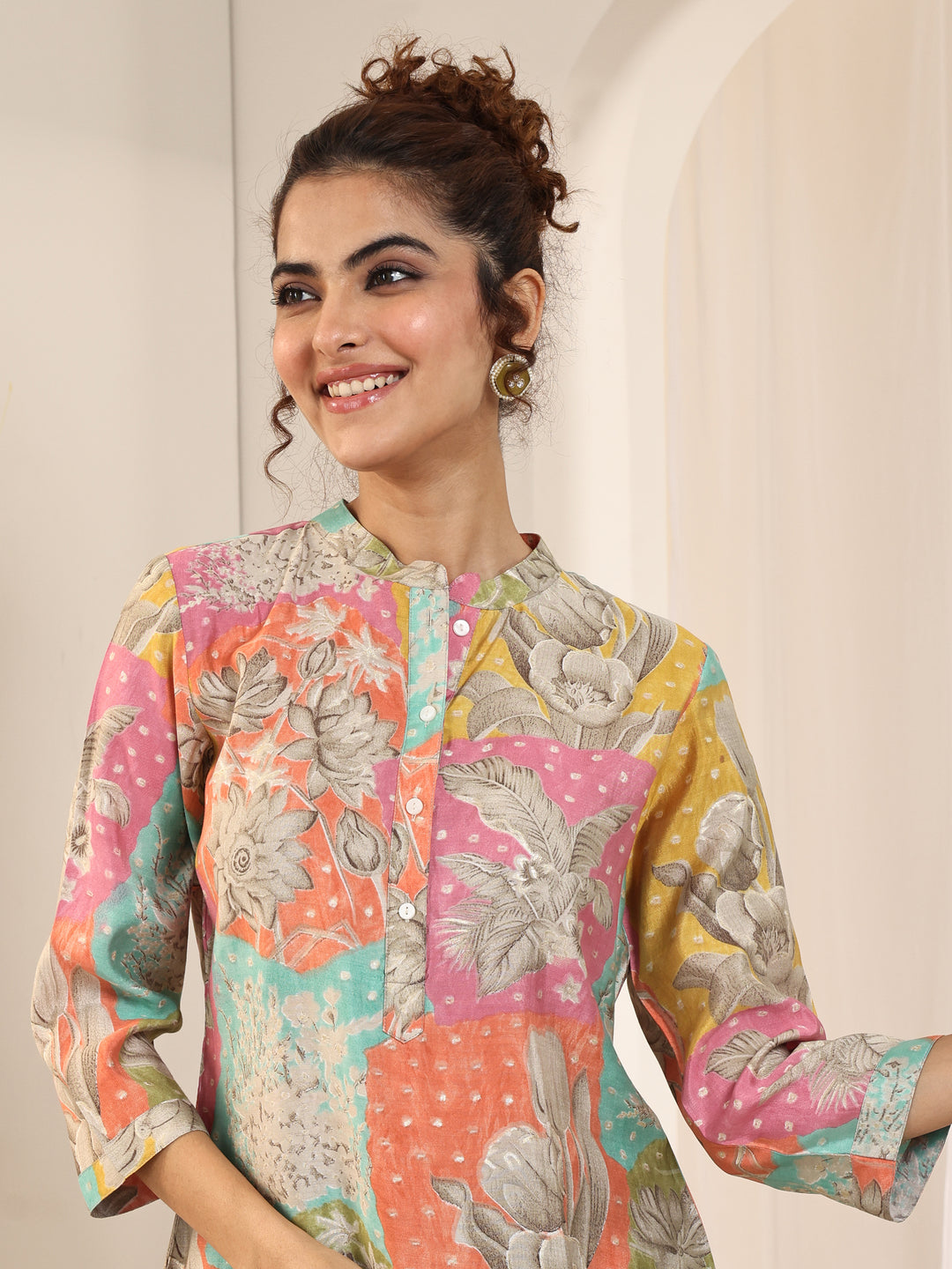  Multi Printed Silk Blend Straight Short Kurti 