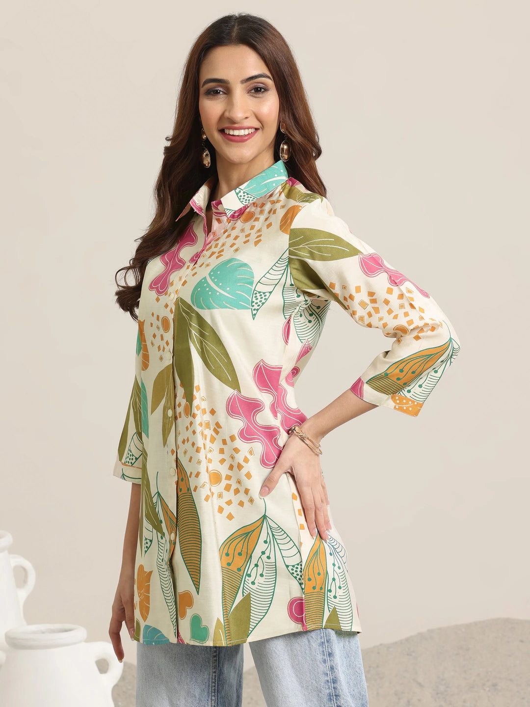  Beige Printed Silk Blend Straight Short Kurti 