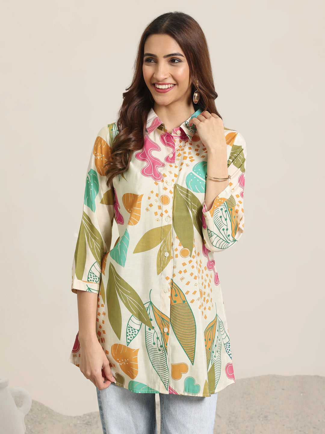 Beige Printed Silk Blend Straight Short Kurti