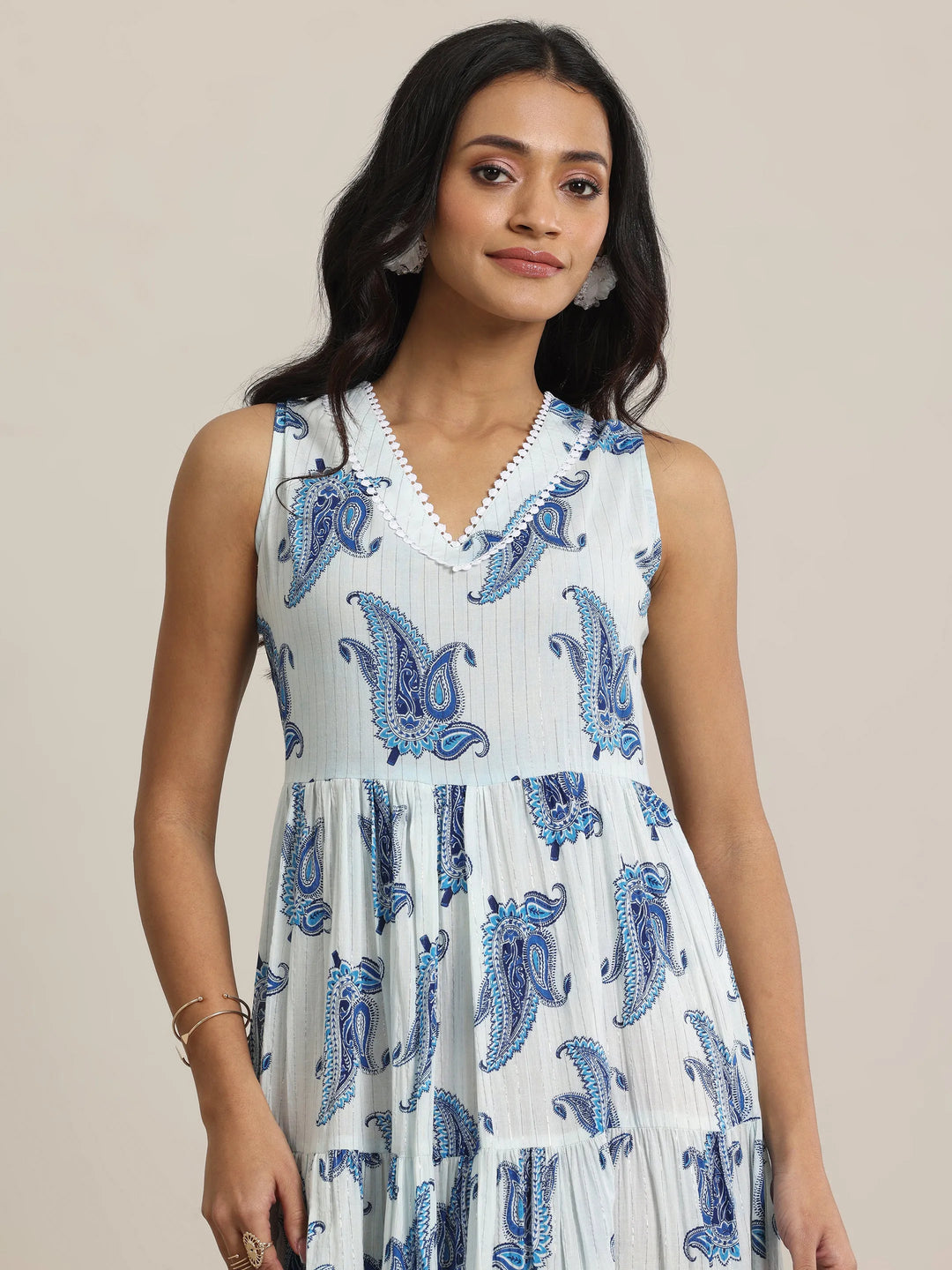  White Printed Cotton Fit and Flare One Piece Dress 