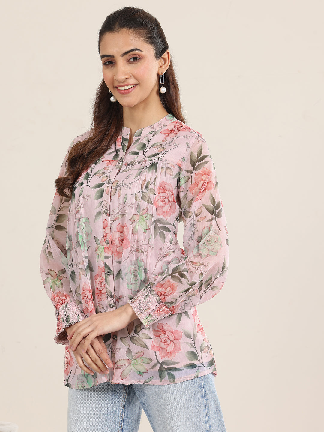  Pink Printed Chiffon Straight Short Kurti 